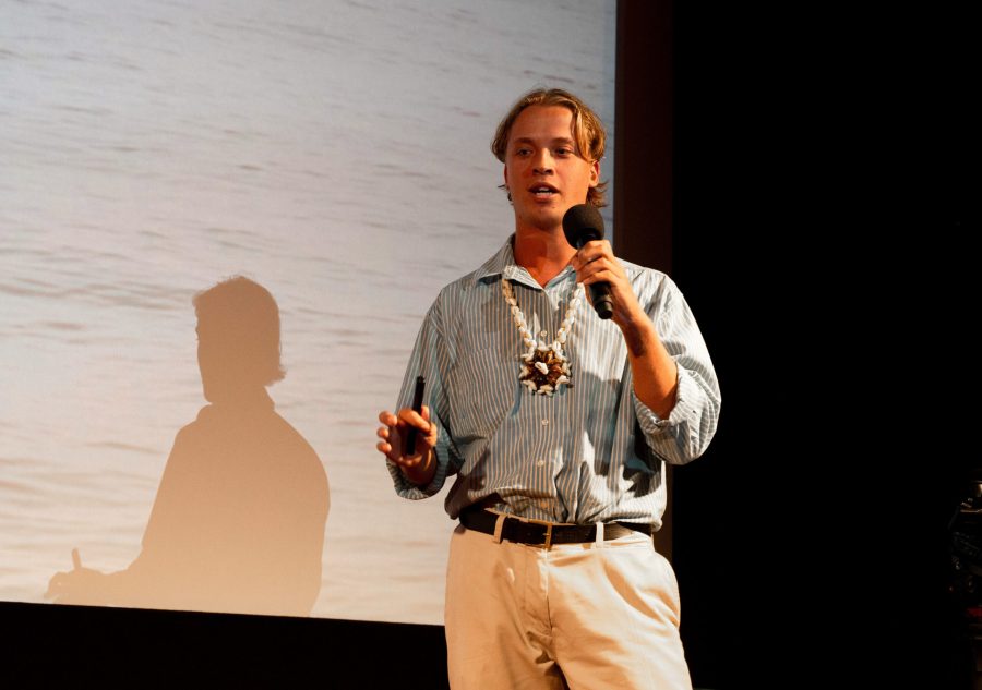 Tom Robinson speaking at the Australian Geographic Society Roadshow