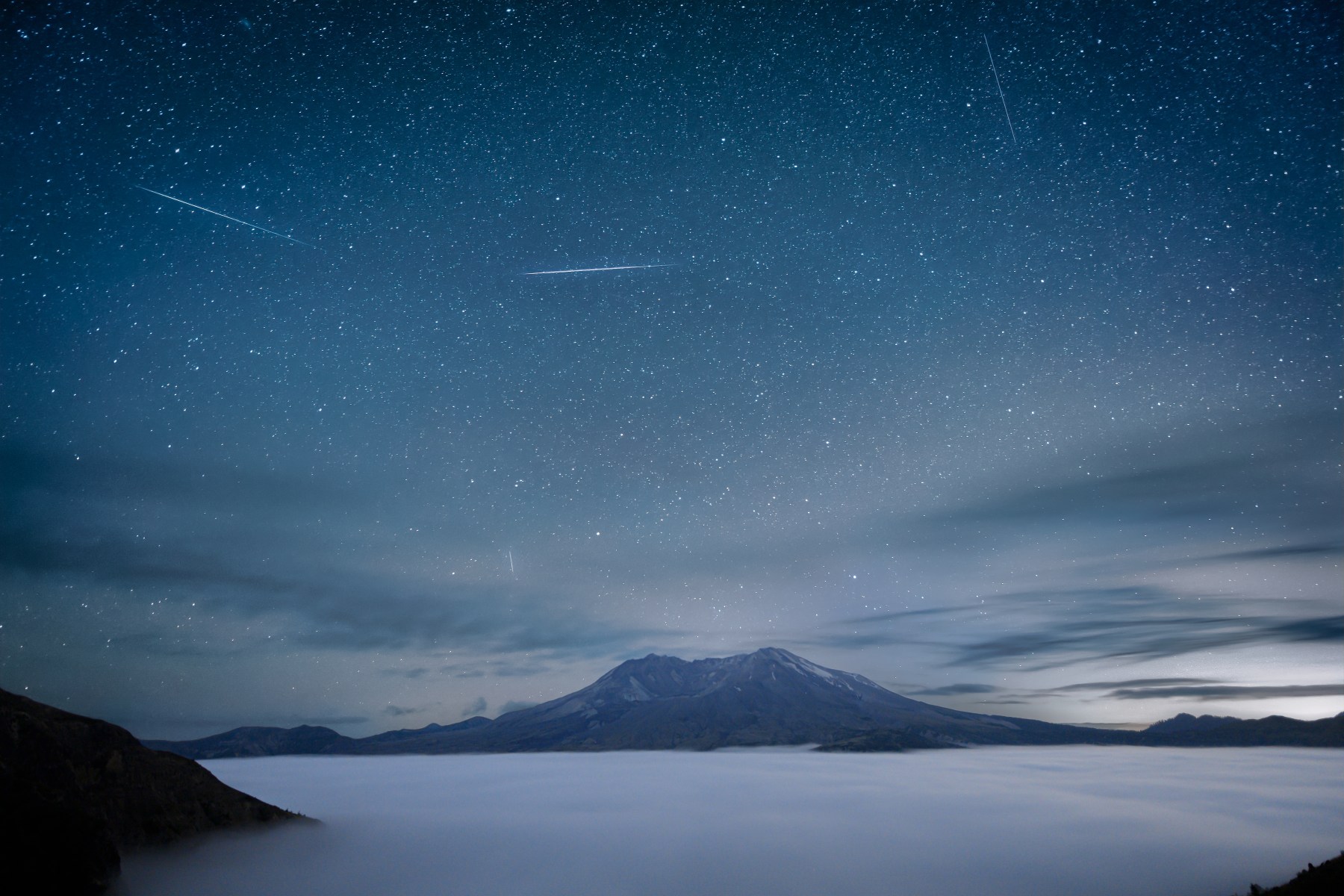 The Delta Aquariids meteor shower over Mount St. Helens, Pacific Northwest, Washington State, around 2am. 